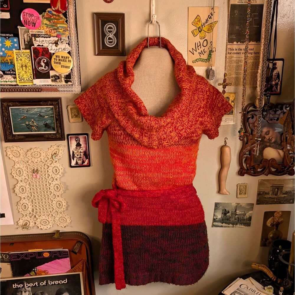 Vintage Cowl Neck Belted Sweater Women's Medium/Large Orange Ombre